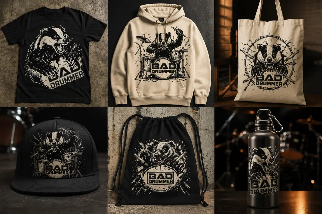Bad Drummer — merch: tazas, chaleco y afiches